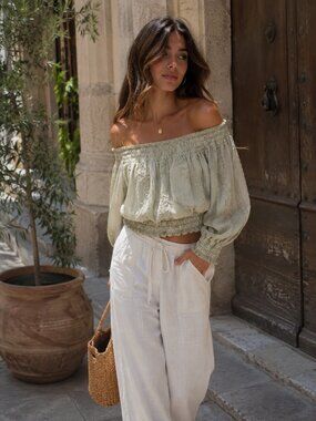 ASTR The Label Normandie Off Shoulder Sheer Blouse Top Light Sage Size Small NWT
